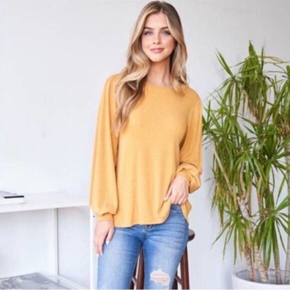 Yellow Ribbed Texture Puffy Long Sleeve Top Small - Picture 1 of 6